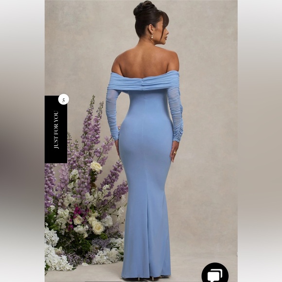 CLUB LONDON PRETTY PERFECT POWDER BLUE MATERNITY RUCHED MESH BARDOT MAXI DRESS - Picture 2 of 16